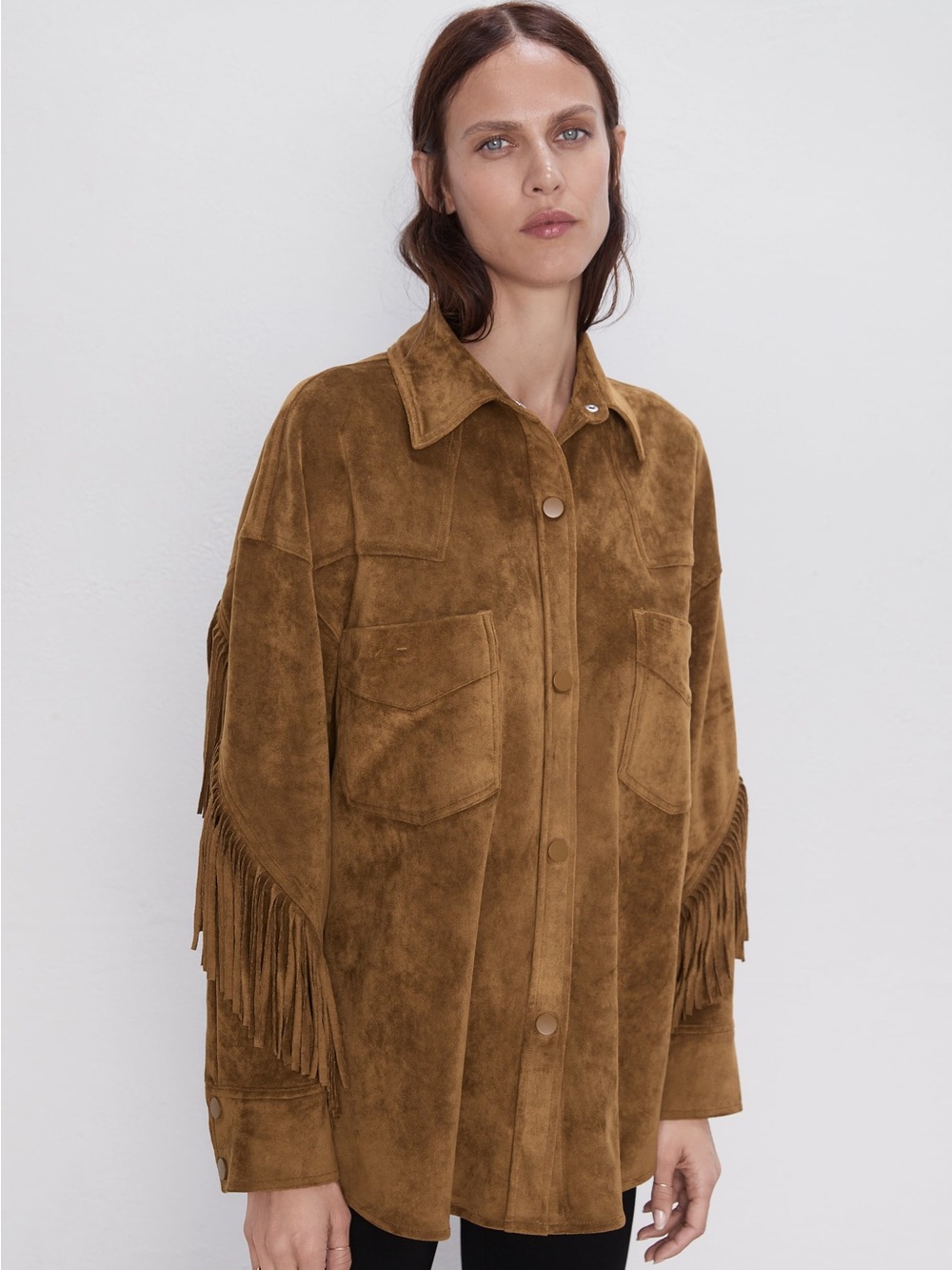 ZARA Fringe Faux Suede Shirt Jacket in Brown